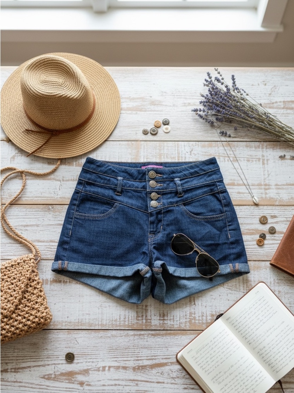 Body Central Dark Blue High-Waist Rolled Hem Denim Shorts